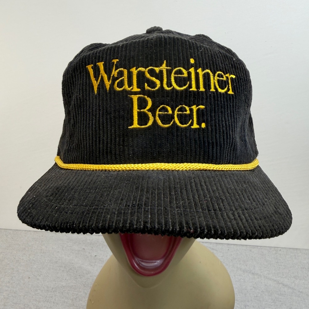Vintage Warsteiner Beer Corduroy Snapback Hat Black Gold Rope Brim Made in USA